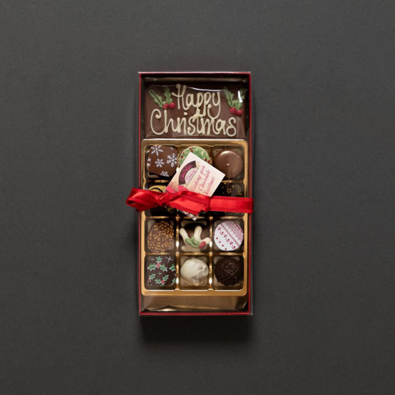 A Selection of 12 Handmade Christmas Chocolates and Happy Christmas Chocolate bar  Perfect to share or to eat by yourself!